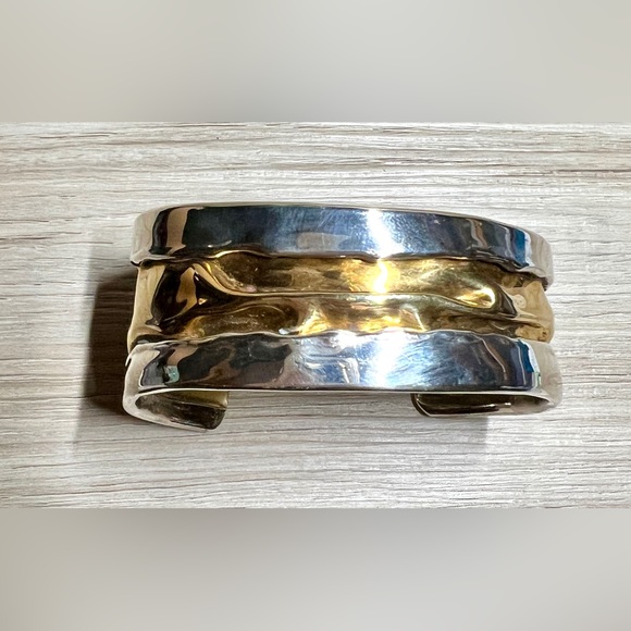 Modernist Designer Lazaro G. Sterling Silver & Brass Sculpted Cuff Bracelet - Picture 5 of 9